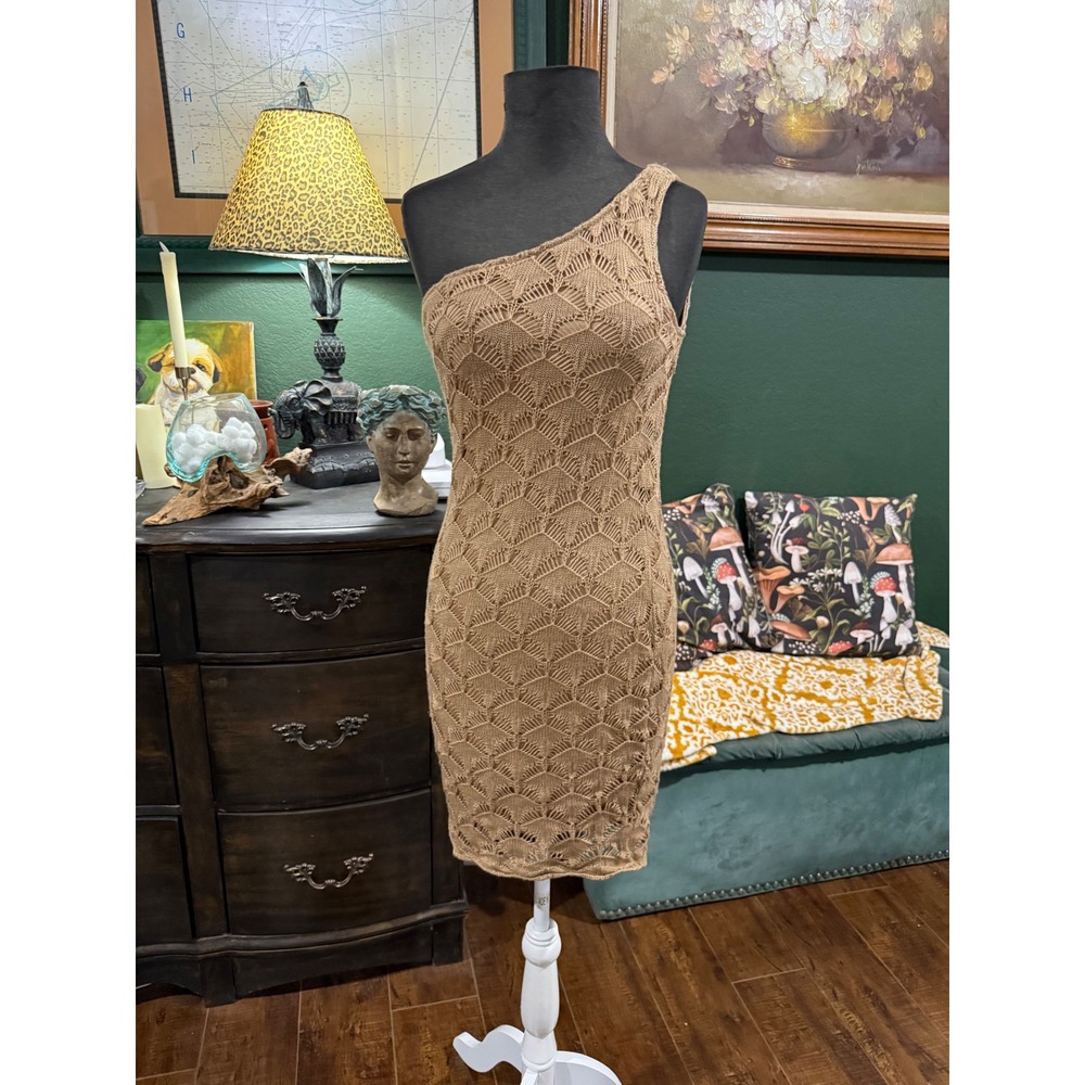 JFW Just For Wraps Tan One Shoulder Crochet Knit Bodycon Mini Dress Womens Small